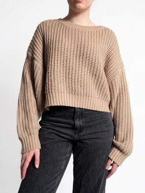 Taupe Cropped Knit Crewneck Sweater